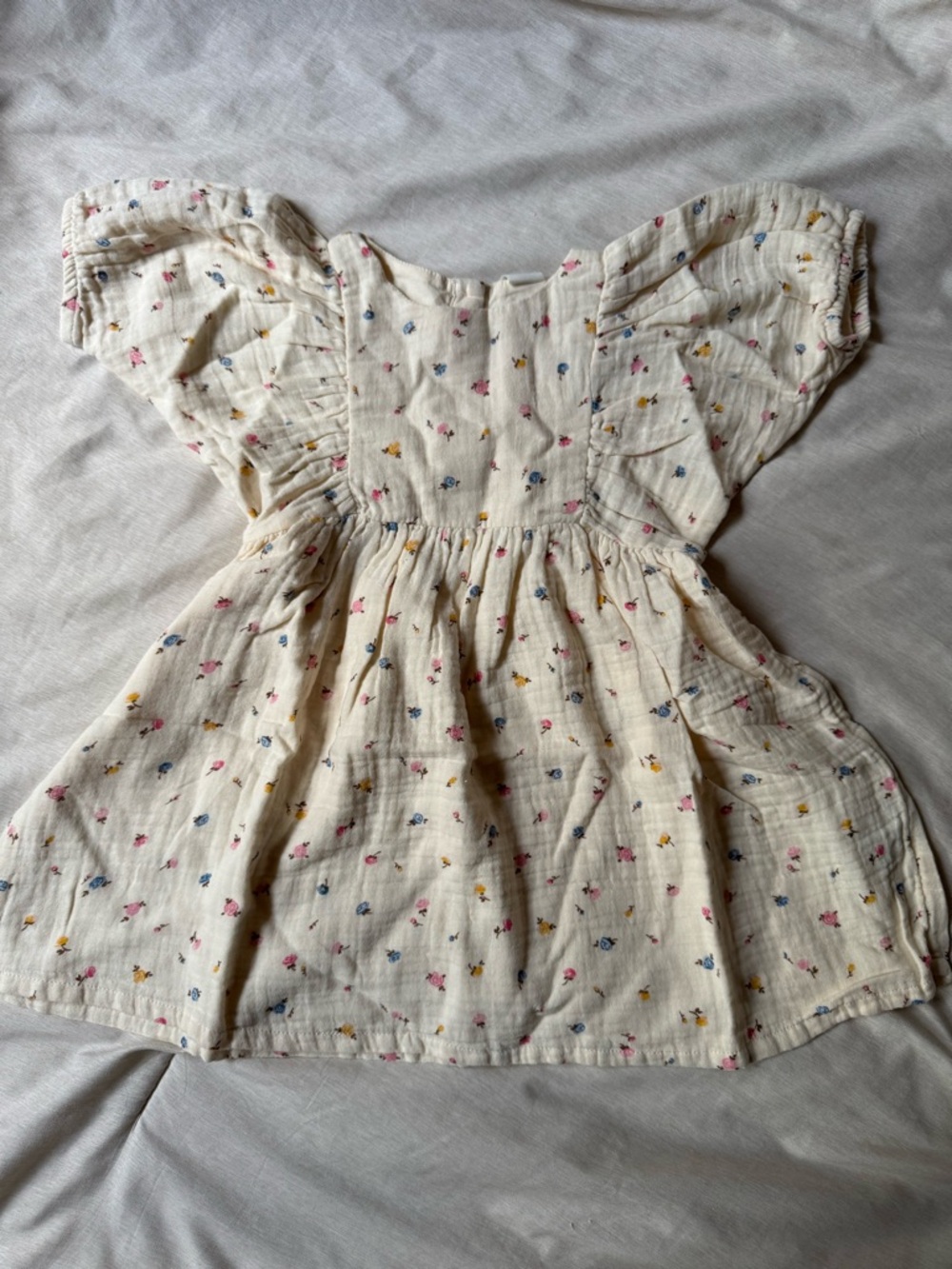 H&M Cream Floral Muslin Dress with Pink, Blue, and Yellow Accents